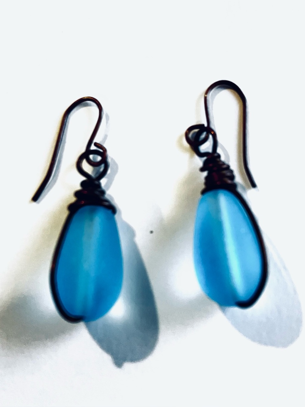 Handcrafted Blue Teardrop Wire-Wrapped Earrings